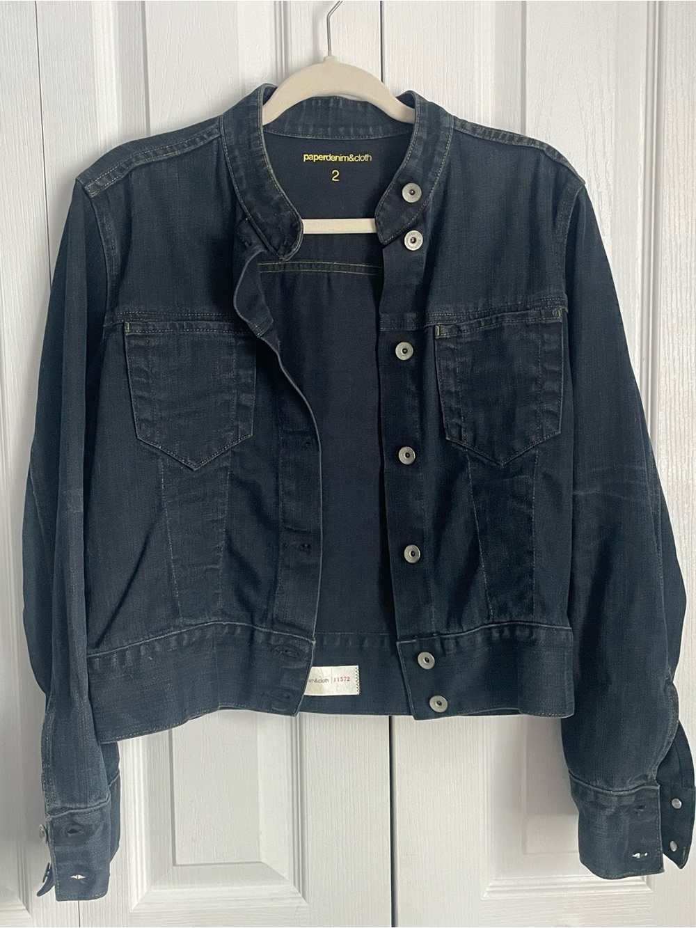 Paper Denim & Cloth Dark Blue Denim Jacket with Stand/Mandarin Collar